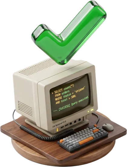 A retro computer showing a SQL query marked correct with a green checkmark.