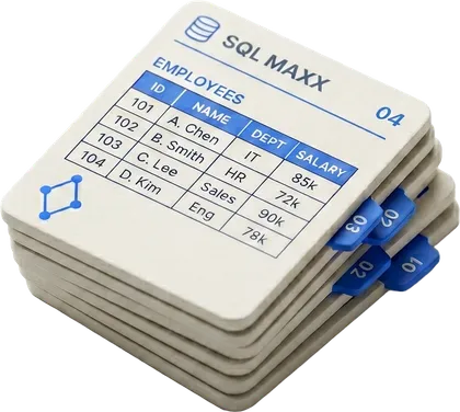 A stack of SQL practice problem cards, the top card showing an employees table.