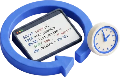 A SQL query editor circled by a blue return arrow with a clock, scheduled to come back for review.